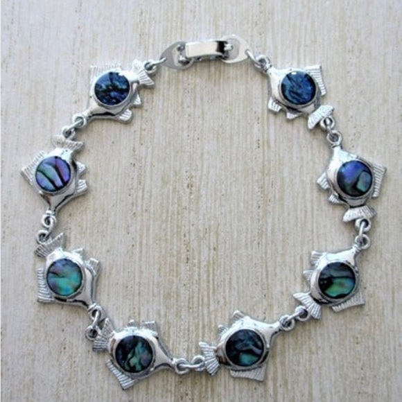 🆕 Blue Abalone Paua Shell Tropical Fish Charm Silver Tone Bracelet - Picture 4 of 8
